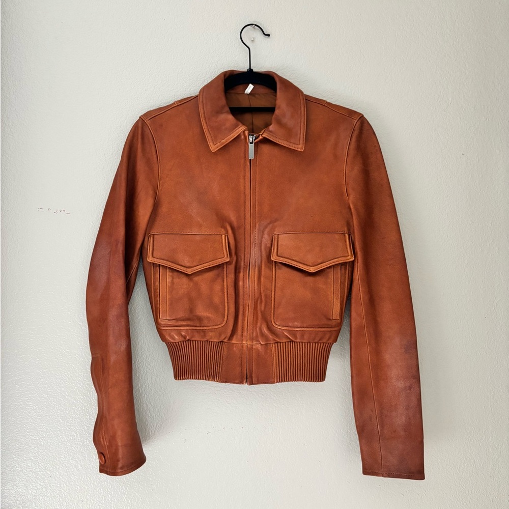 Helmut Lang Cognac Leather Bomber Jacket